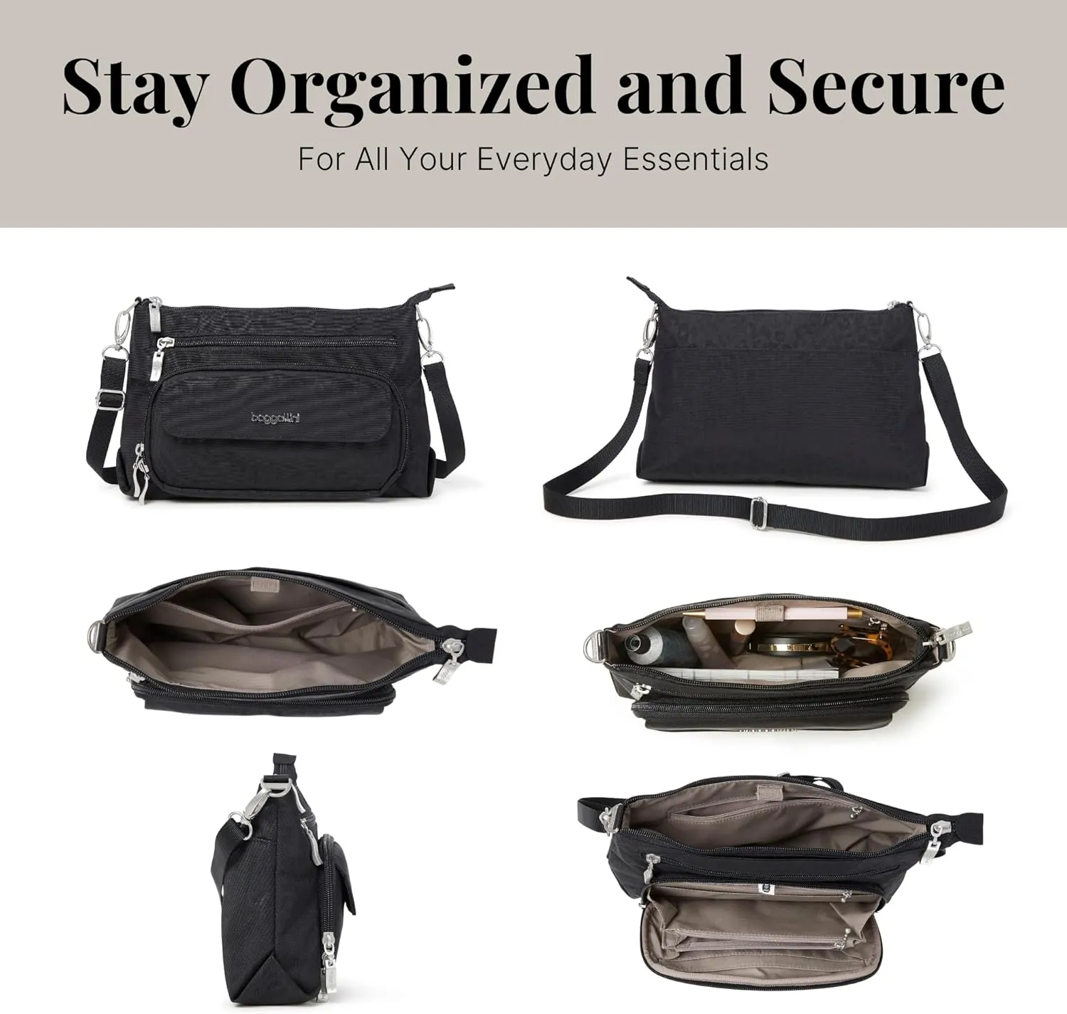 Baggallini Original Everyday 11x 7.5 Crossbody Bags for Women RFID Protected Lightweight Nylon Zippered Travel Purse