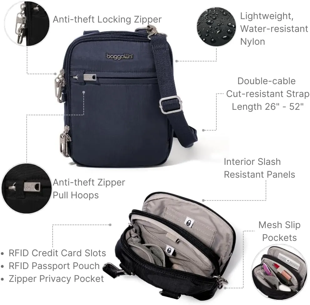 Baggallini Securtex Anti-theft Mini Everything Crossbody Bag, 6.3"x8.25" Rfid, Locking Zippers & Cut-resistant Strap