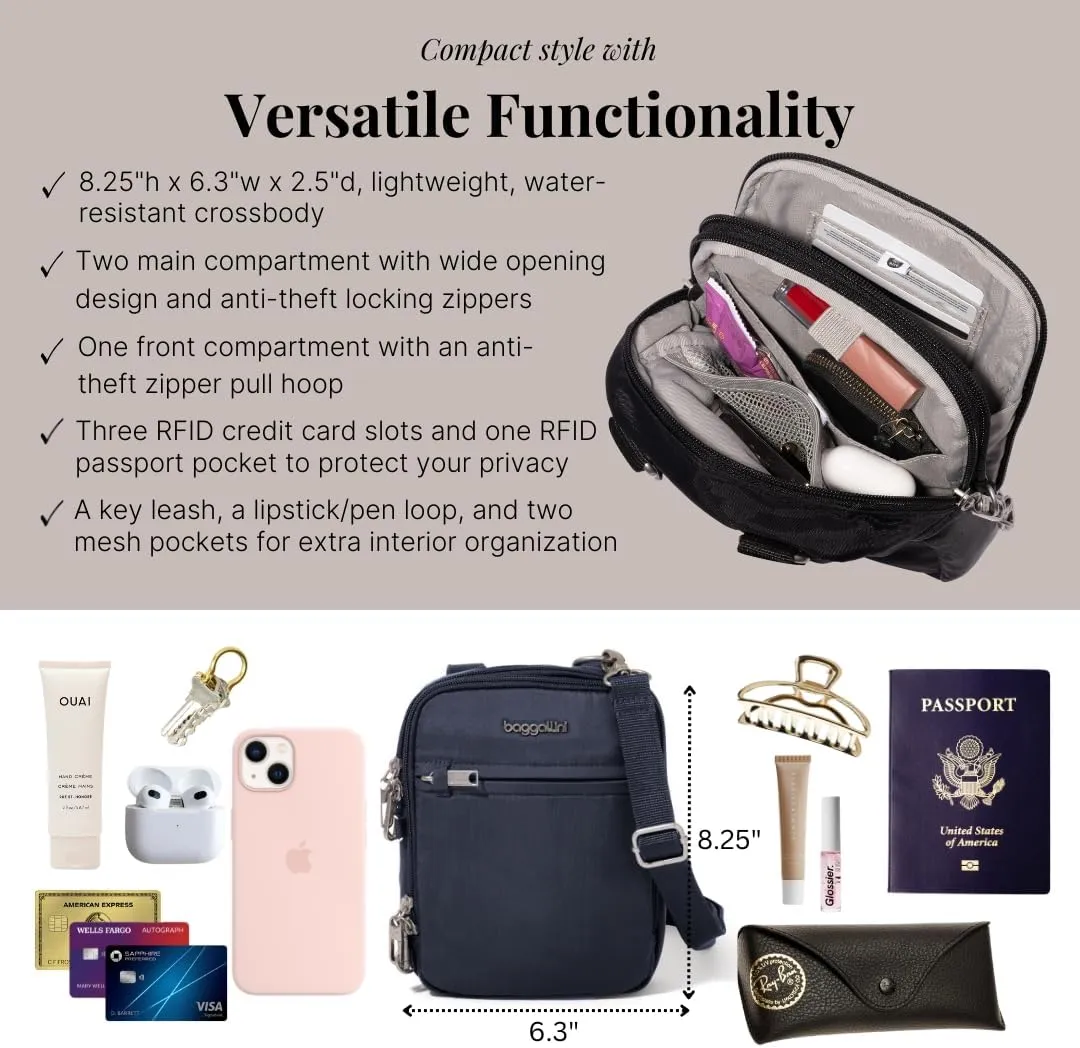 Baggallini Securtex Anti-theft Mini Everything Crossbody Bag, 6.3"x8.25" Rfid, Locking Zippers & Cut-resistant Strap