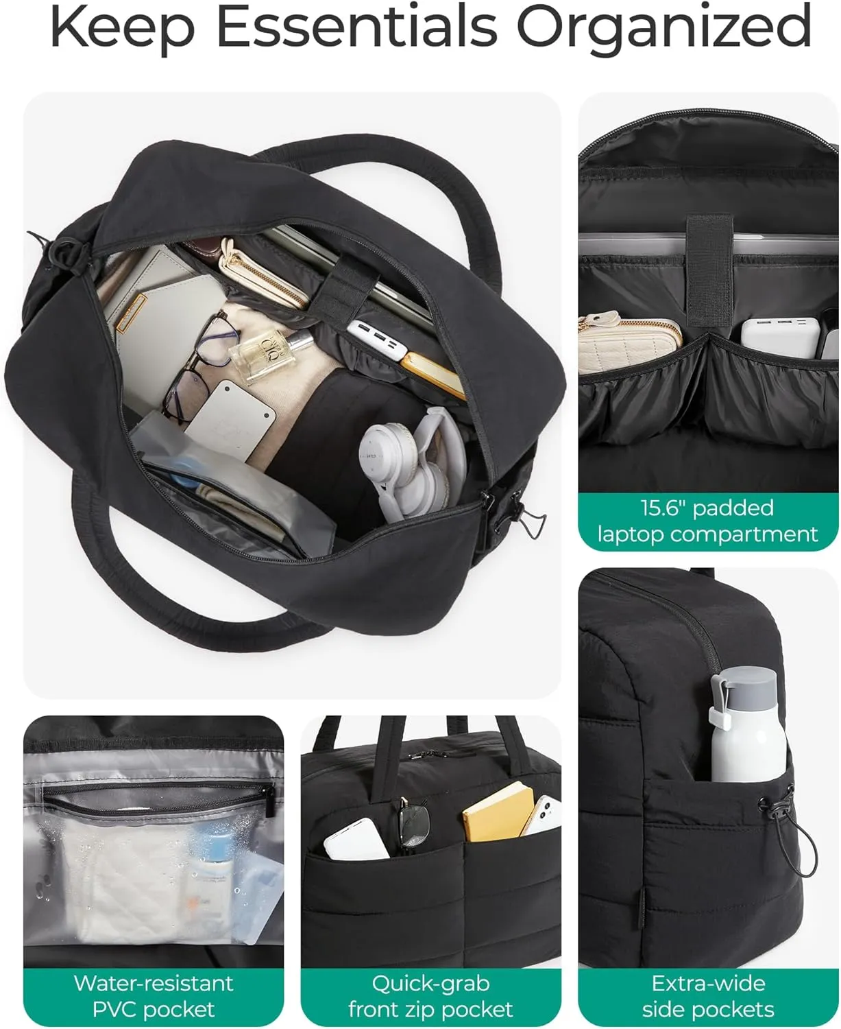 BAGSMART Gym Bag for Women with Toiletry Pouch, Lightweight Weekender Bags for Women with Wet Pocket, 31L Quilted Travel Duffle Carry On Bag, Weekender Overnight Bag for Travel,Water Resistant, Black