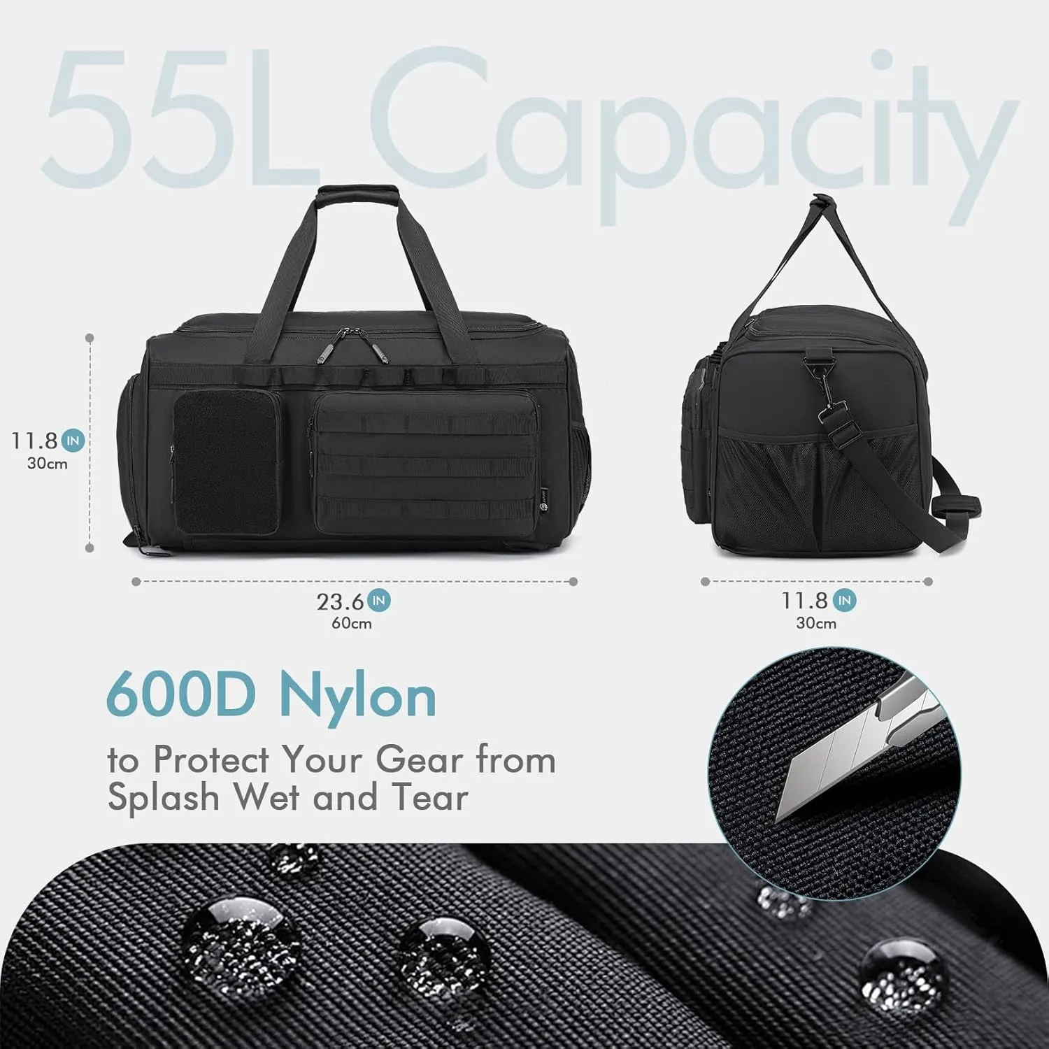 BAGZY 3 In 1 Military Tactical Gym Bag for Men Sports Duffle Bag 55L with Shoe Compartment Travel Backpack for Fitness Weekender Overnight Workout Black
