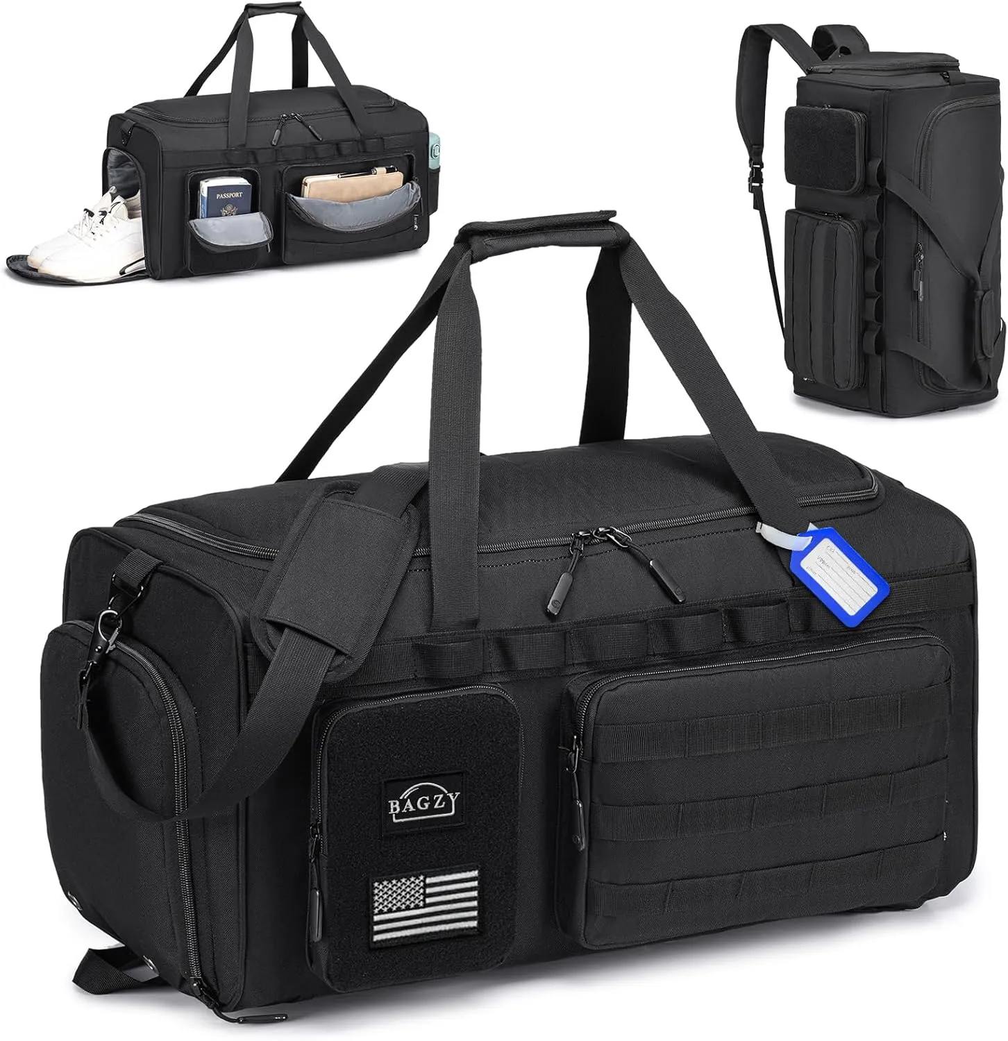 BAGZY 3 In 1 Military Tactical Gym Bag for Men Sports Duffle Bag 55L with Shoe Compartment Travel Backpack for Fitness Weekender Overnight Workout Black