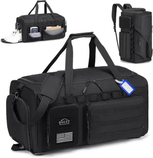 BAGZY 3 In 1 Military Tactical Gym Bag for Men Sports Duffle Bag 55L with Shoe Compartment Travel Backpack for Fitness Weekender Overnight Workout Black