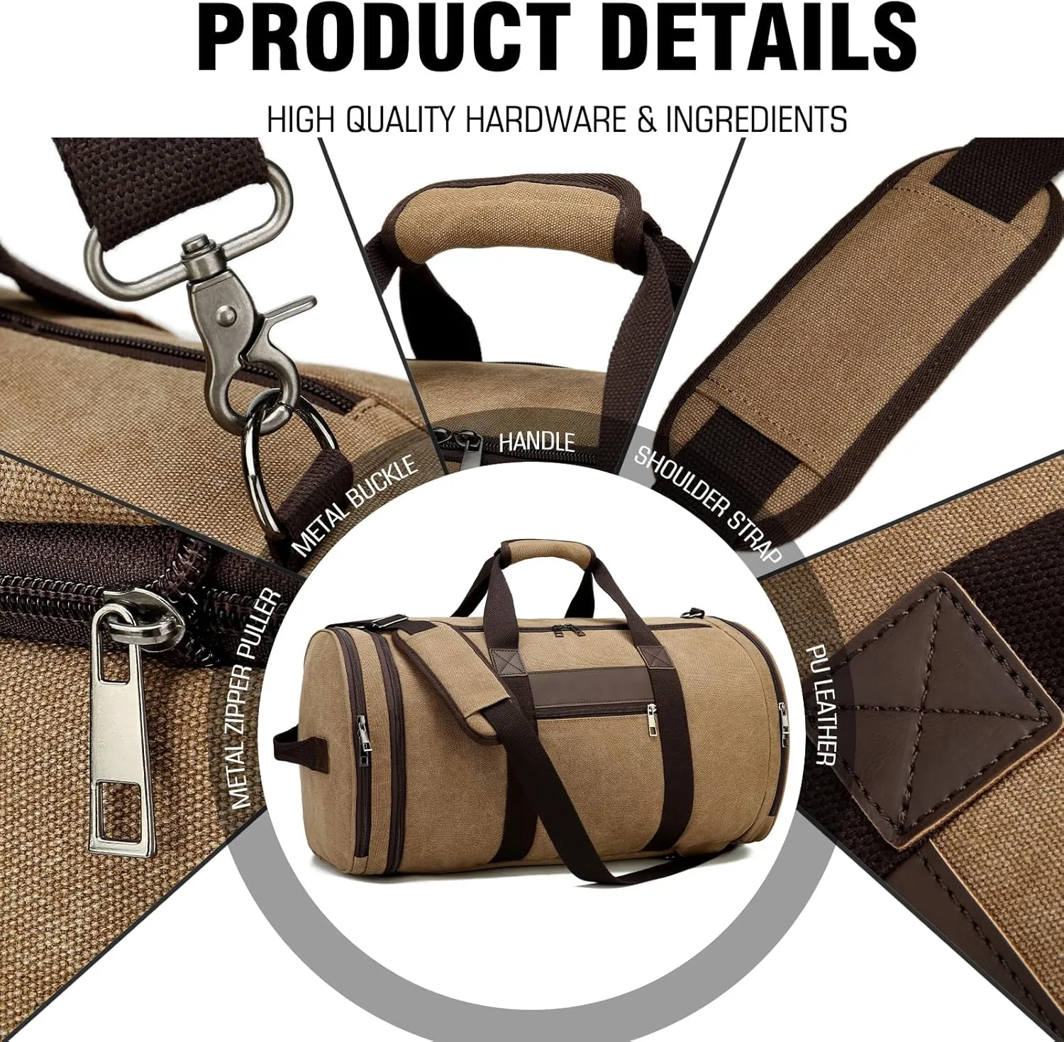 BUG Men Duffle Bag for Travel Canvas Backpack,58L Camping Overnight Bag with Shoes Compartment (Brown)