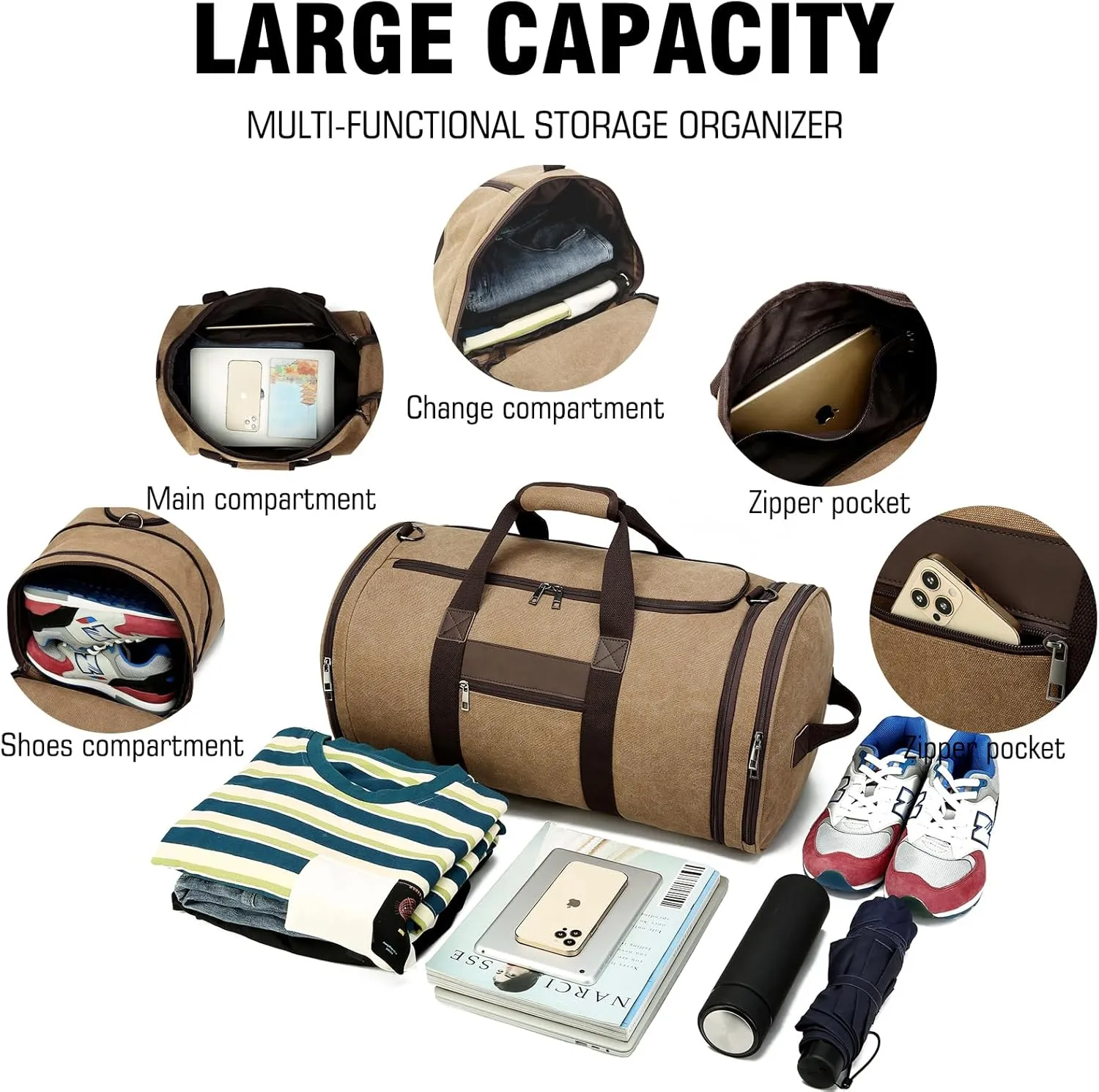 BUG Men Duffle Bag for Travel Canvas Backpack,58L Camping Overnight Bag with Shoes Compartment (Brown)