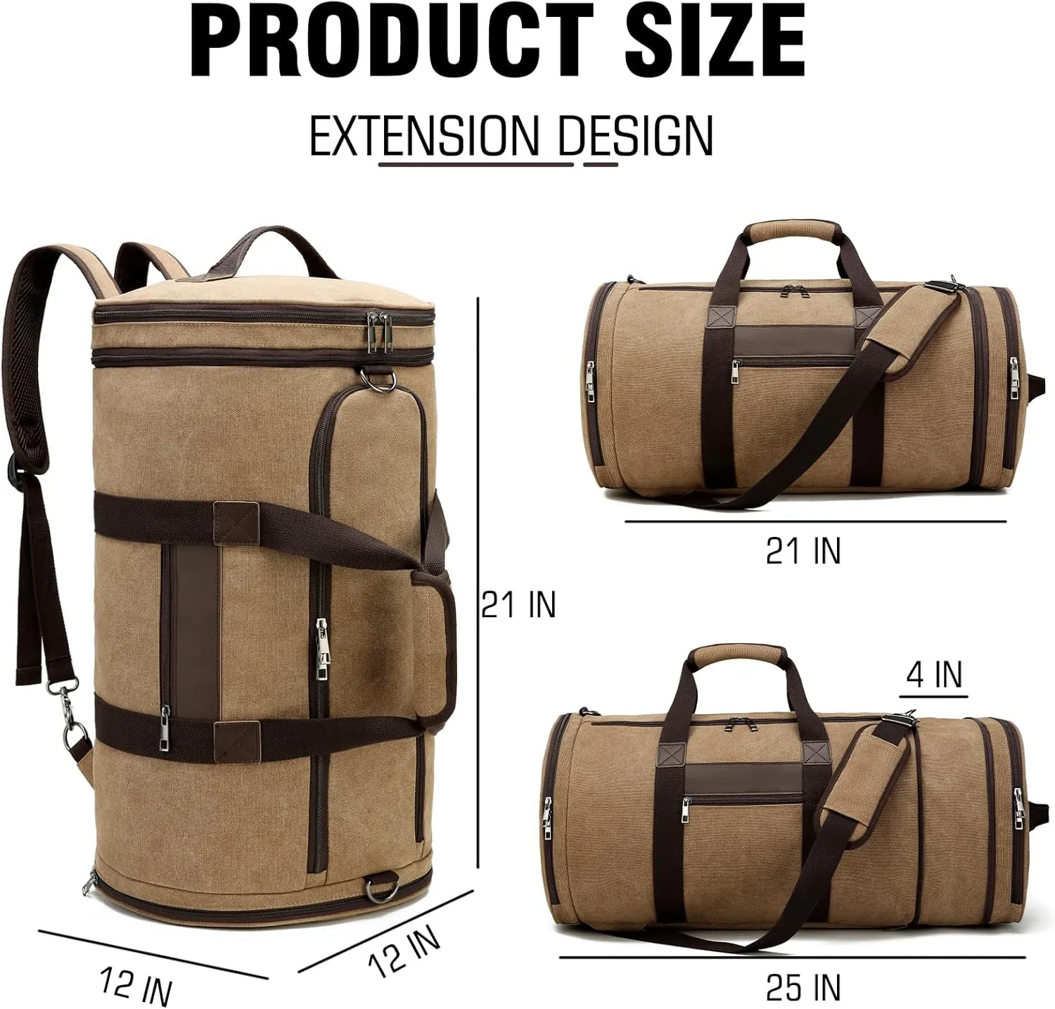 BUG Men Duffle Bag for Travel Canvas Backpack,58L Camping Overnight Bag with Shoes Compartment (Brown)