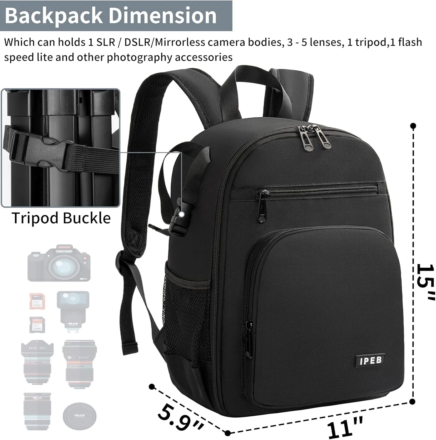 Camera Backpack for DSLR/SLR/Mirrorless Bag Professional Waterproof Camera Case 11"X5.9"X15" for Photographers Grey