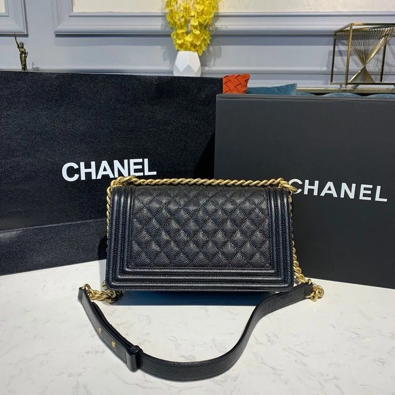 CHL Boy Handbag Gold Toned Hardware Black For Women, Women&#8217;s Bags, Shoulder And Crossbody Bags 9.8in/25cm A67086