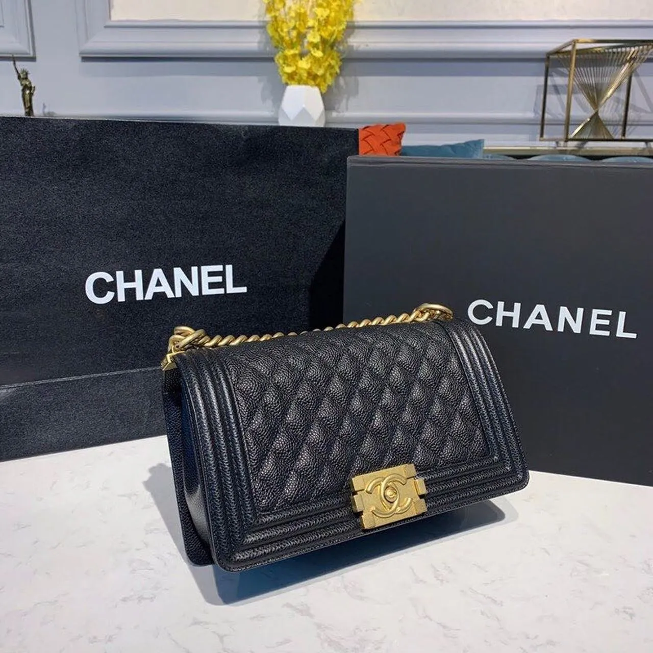 CHL Boy Handbag Gold Toned Hardware Black For Women, Women&#8217;s Bags, Shoulder And Crossbody Bags 9.8in/25cm A67086