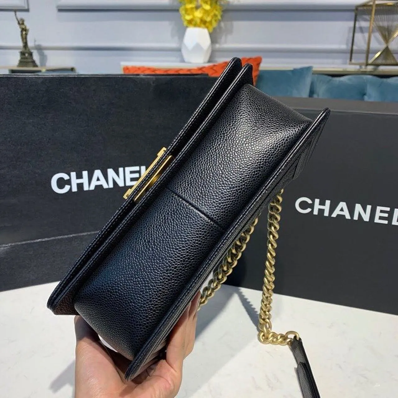 CHL Boy Handbag Gold Toned Hardware Black For Women, Women&#8217;s Bags, Shoulder And Crossbody Bags 9.8in/25cm A67086
