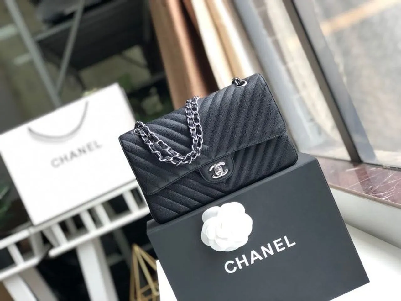 CHL Chevron Classic Handbag Silver Hardware Black For Women, Women&#8217;s Bags, Shoulder And Crossbody Bags 10.2in/26cm