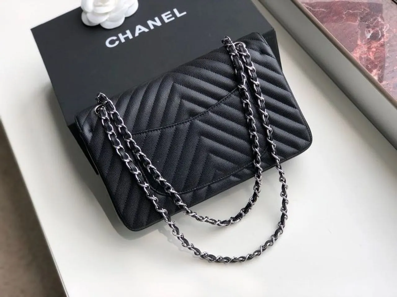 CHL Chevron Classic Handbag Silver Hardware Black For Women, Women&#8217;s Bags, Shoulder And Crossbody Bags 10.2in/26cm