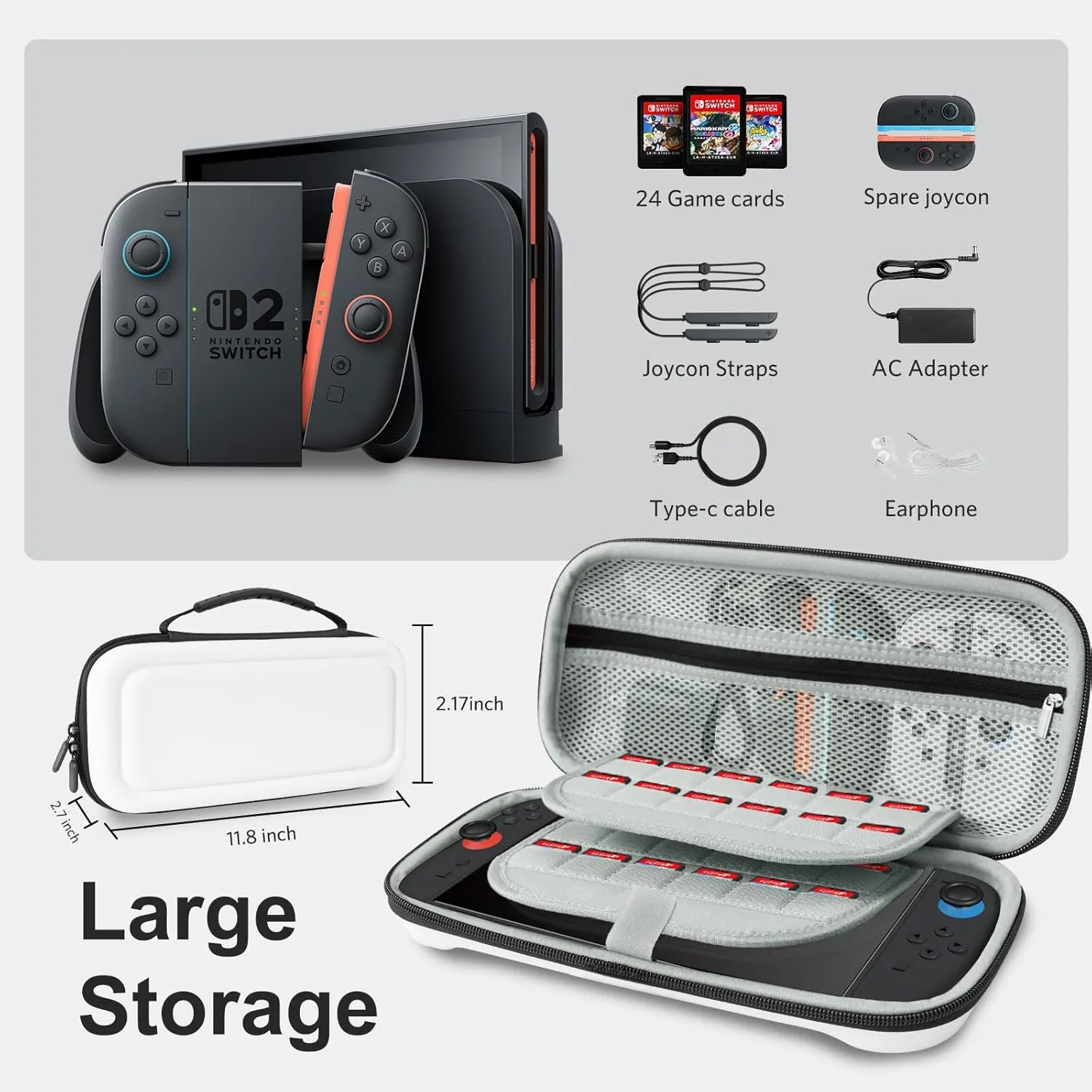 CoBak Large Capacity Carrying Case for Nintendo Switch 2 ( 2025 ) , Ultra Slim Premium EVA Travel Pouch with 24 Game Cartridges, Screen Protective Cover, Accessories Storage Bag, White