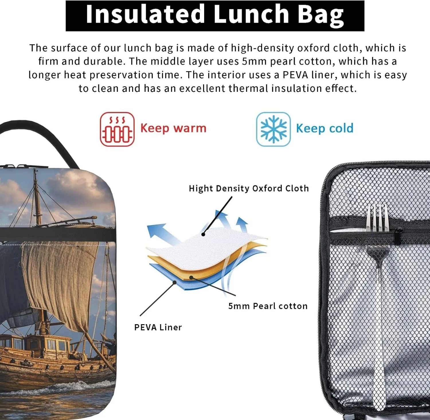 Insulated Lunch Bag for Women Men Portable Reusable Lunch Box Old Viking Boat Lunch Tote Bag for Work Picnic Travel