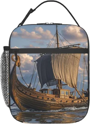 Insulated Lunch Bag for Women Men Portable Reusable Lunch Box Old Viking Boat Lunch Tote Bag for Work Picnic Travel