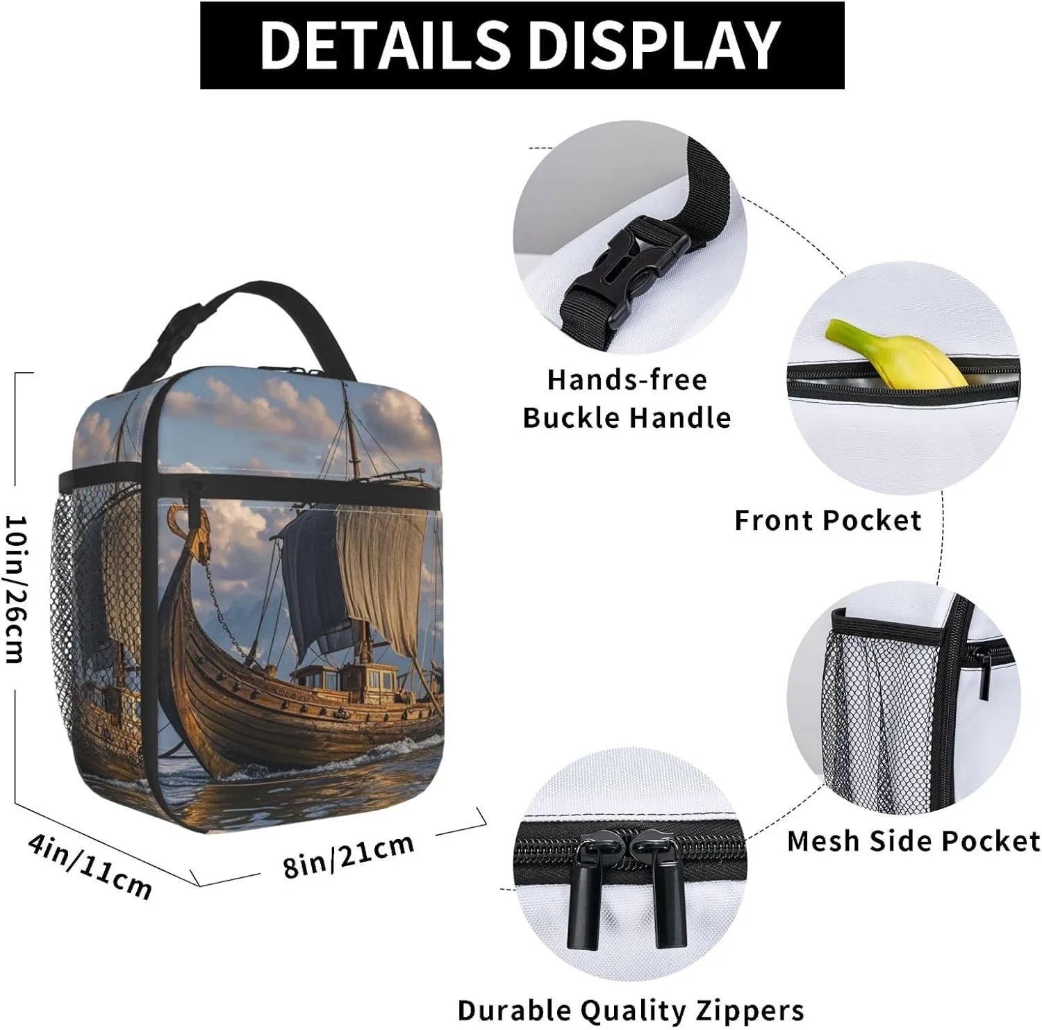 Insulated Lunch Bag for Women Men Portable Reusable Lunch Box Old Viking Boat Lunch Tote Bag for Work Picnic Travel