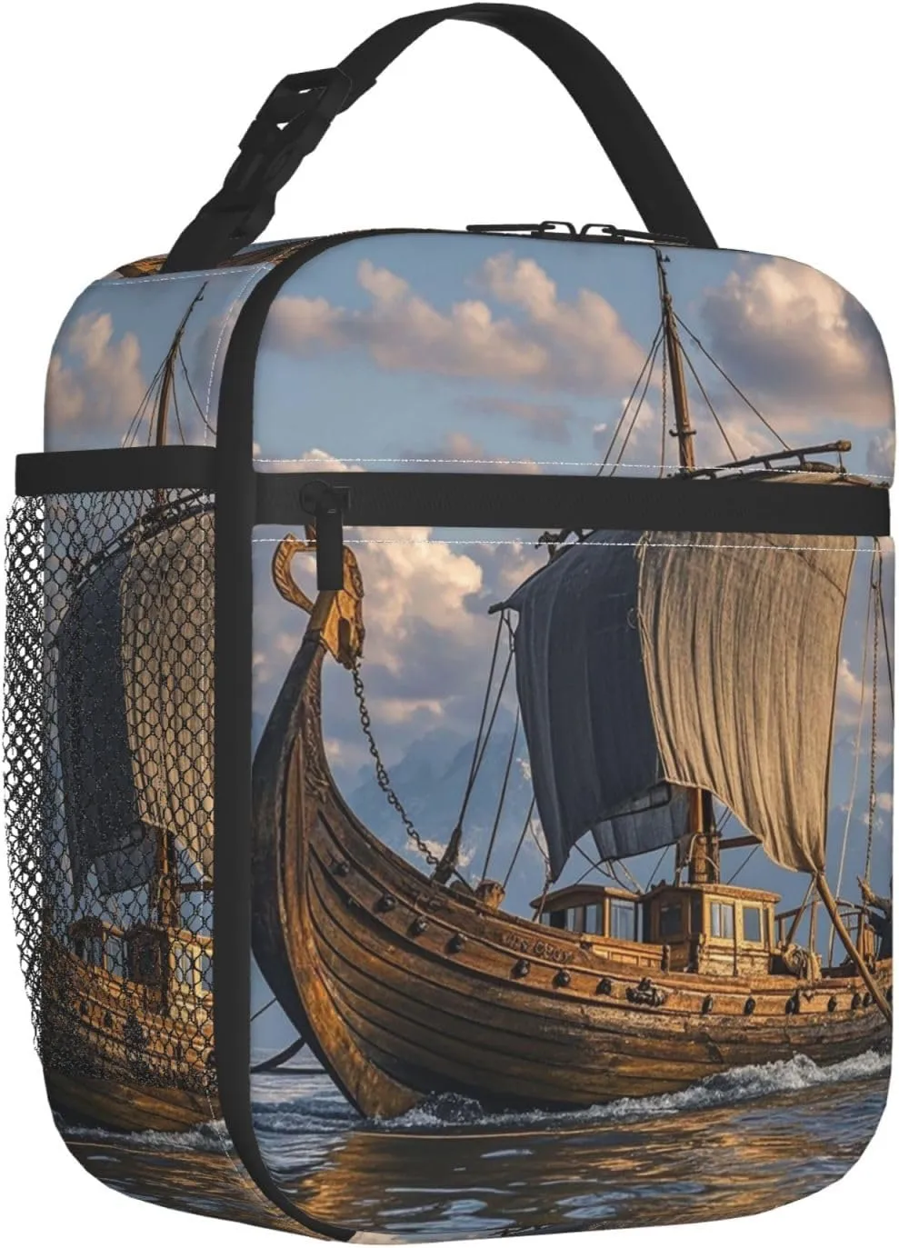 Insulated Lunch Bag for Women Men Portable Reusable Lunch Box Old Viking Boat Lunch Tote Bag for Work Picnic Travel