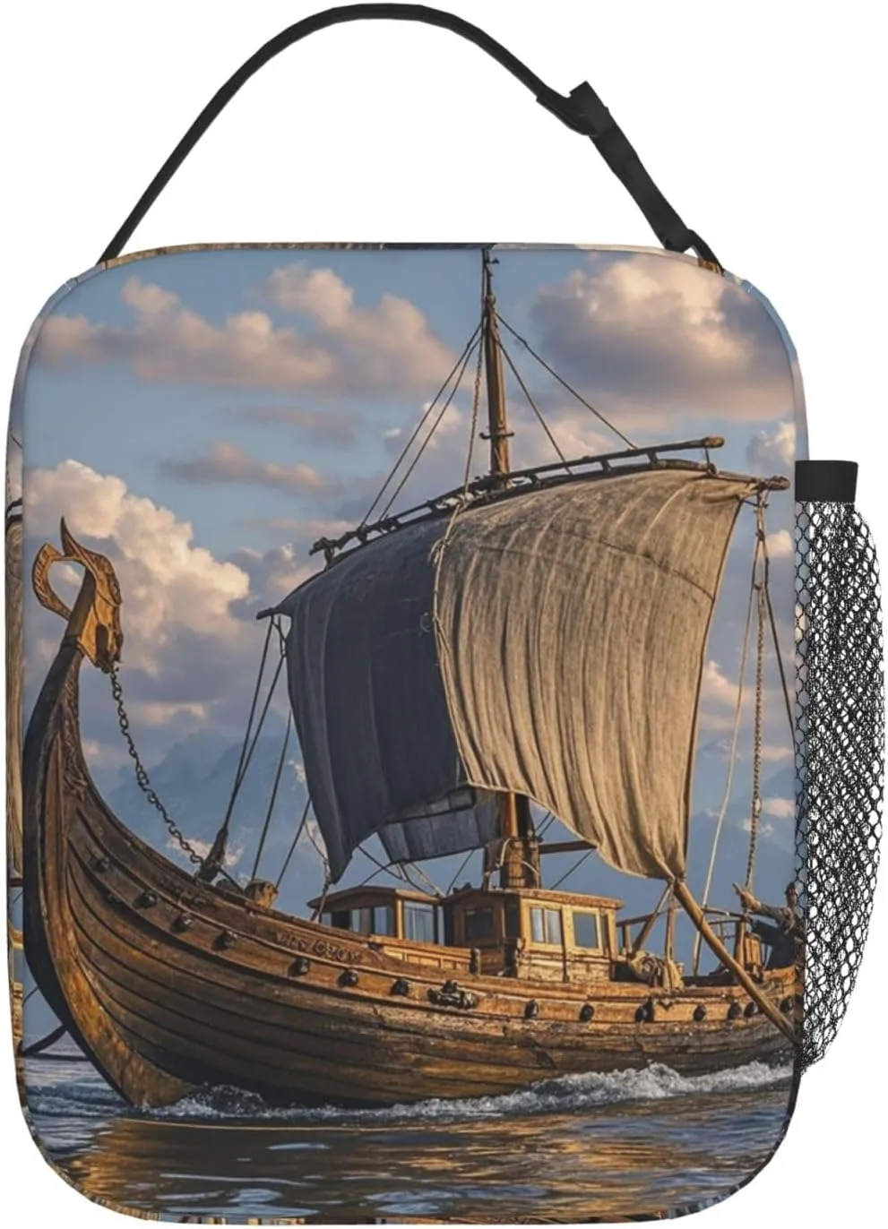 Insulated Lunch Bag for Women Men Portable Reusable Lunch Box Old Viking Boat Lunch Tote Bag for Work Picnic Travel