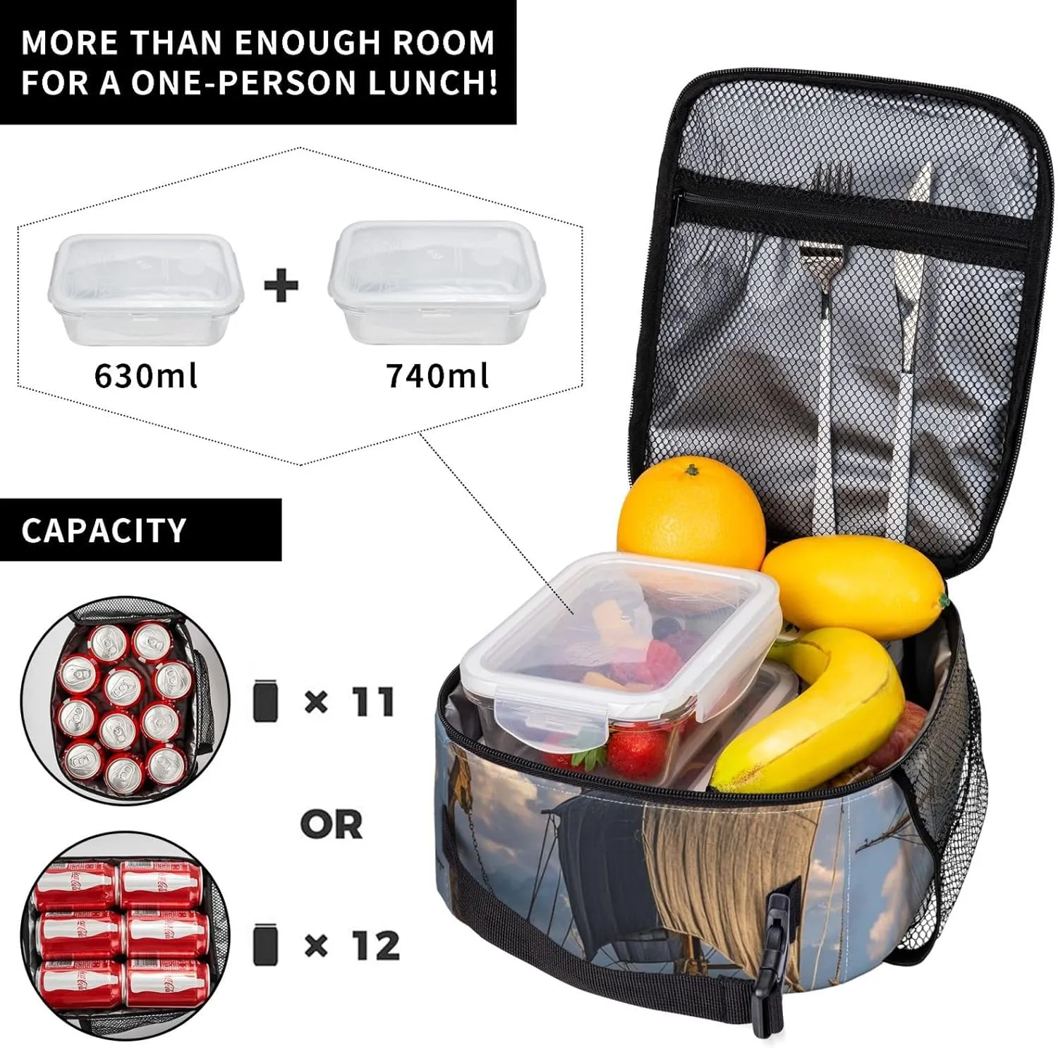 Insulated Lunch Bag for Women Men Portable Reusable Lunch Box Old Viking Boat Lunch Tote Bag for Work Picnic Travel