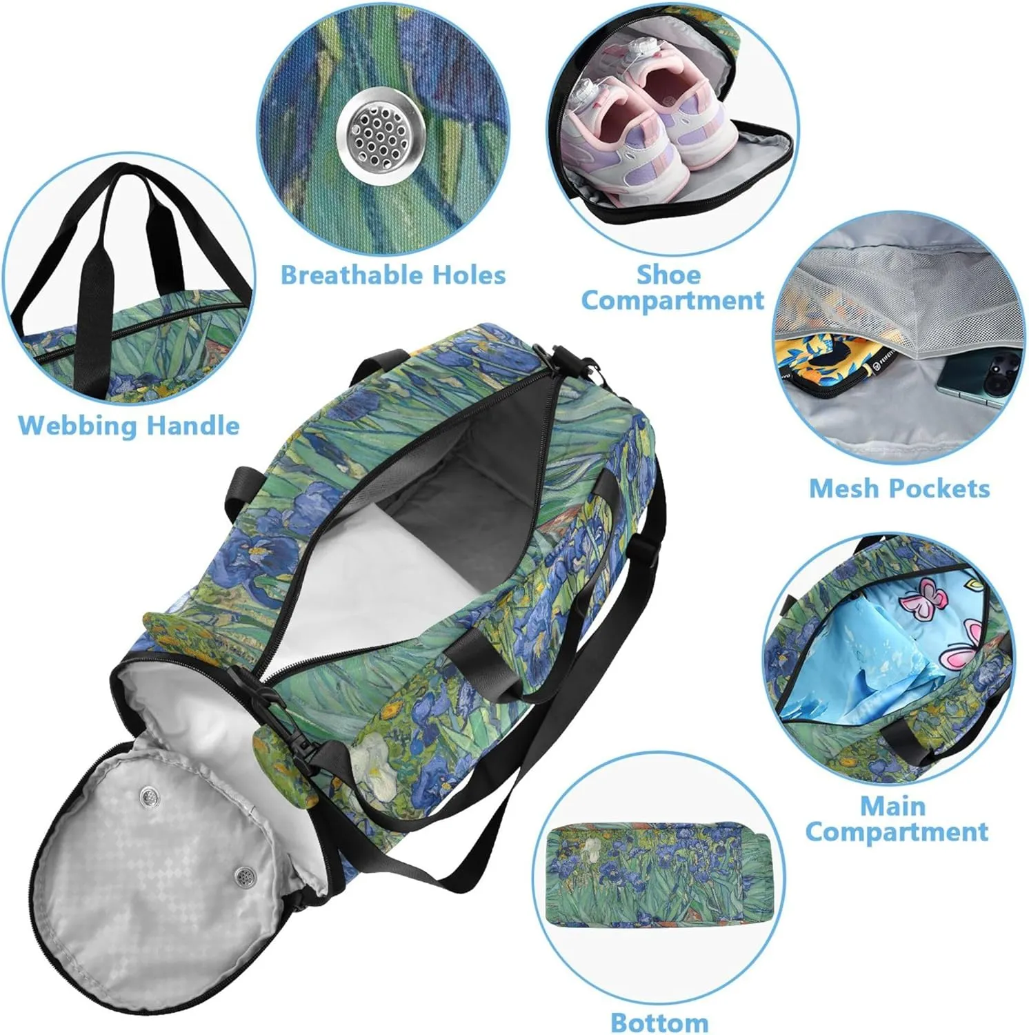 Irises Vincent Vangogh Painting Duffle Bags for Traveling Tote Weekend Duffel Overnight Shoe Compartment Carry on Duffel Bag for Boys