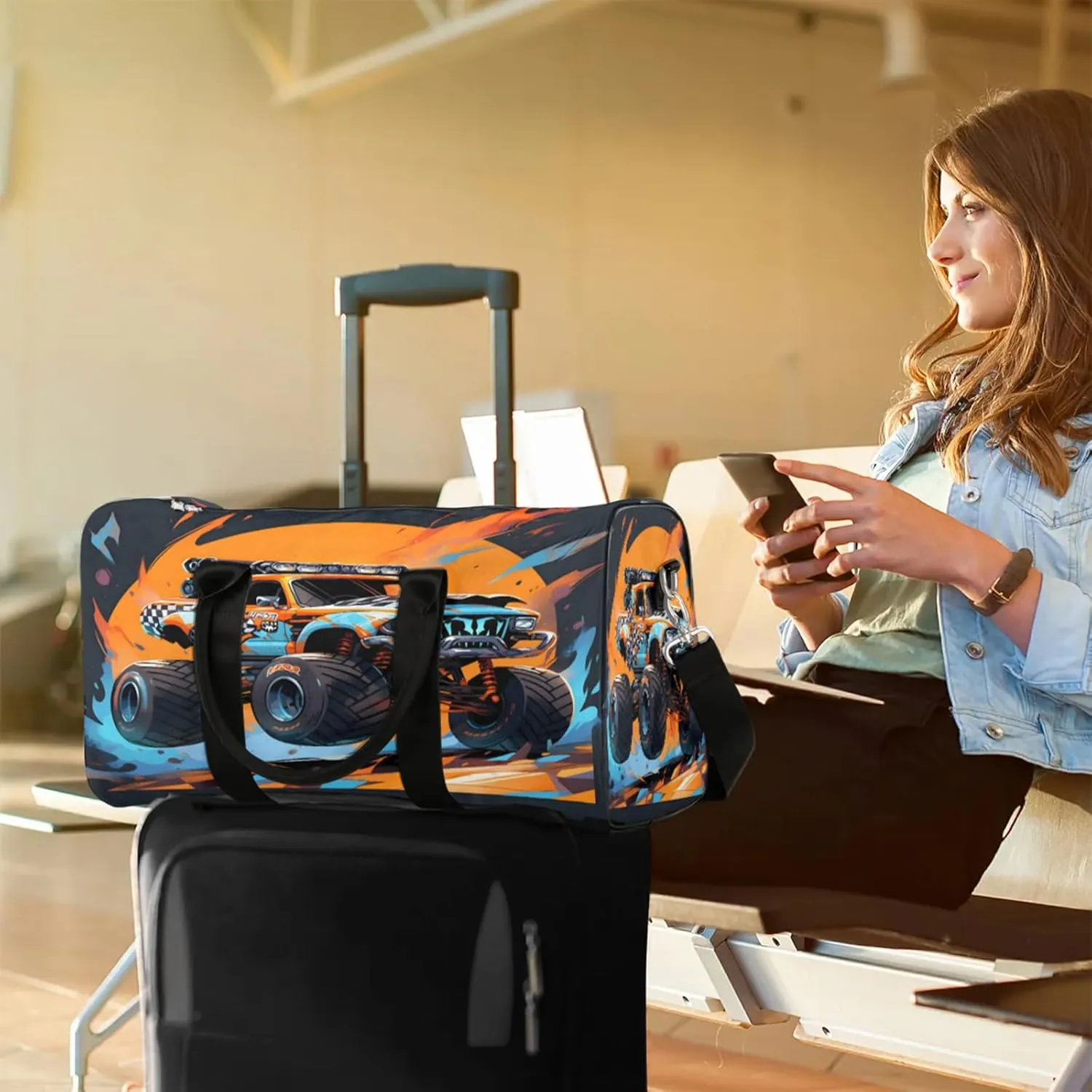 Monster Truck Travel Duffle Bag, Sports Gym Bags for Women Men, Carry On Weekender Overnight Workout Airplane Trips Bag