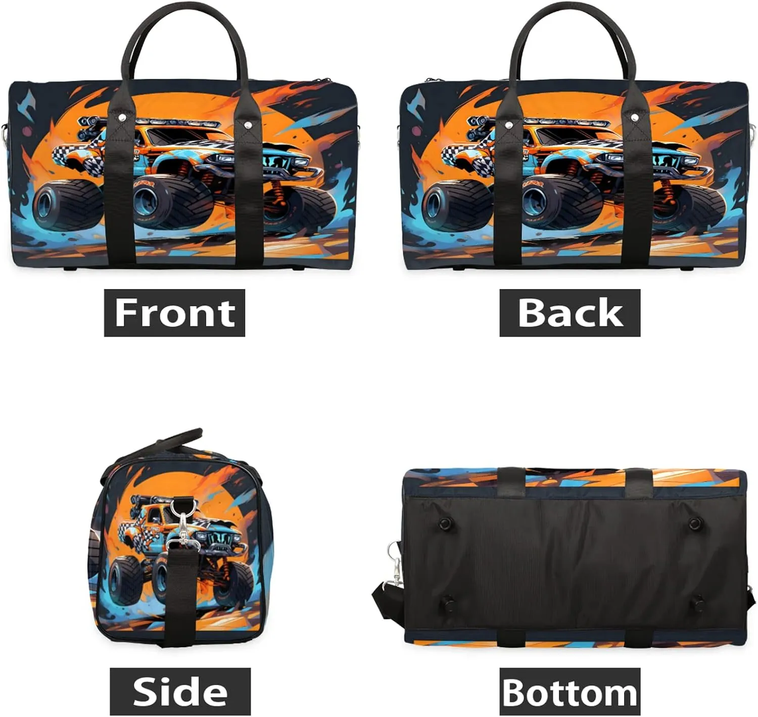 Monster Truck Travel Duffle Bag, Sports Gym Bags for Women Men, Carry On Weekender Overnight Workout Airplane Trips Bag