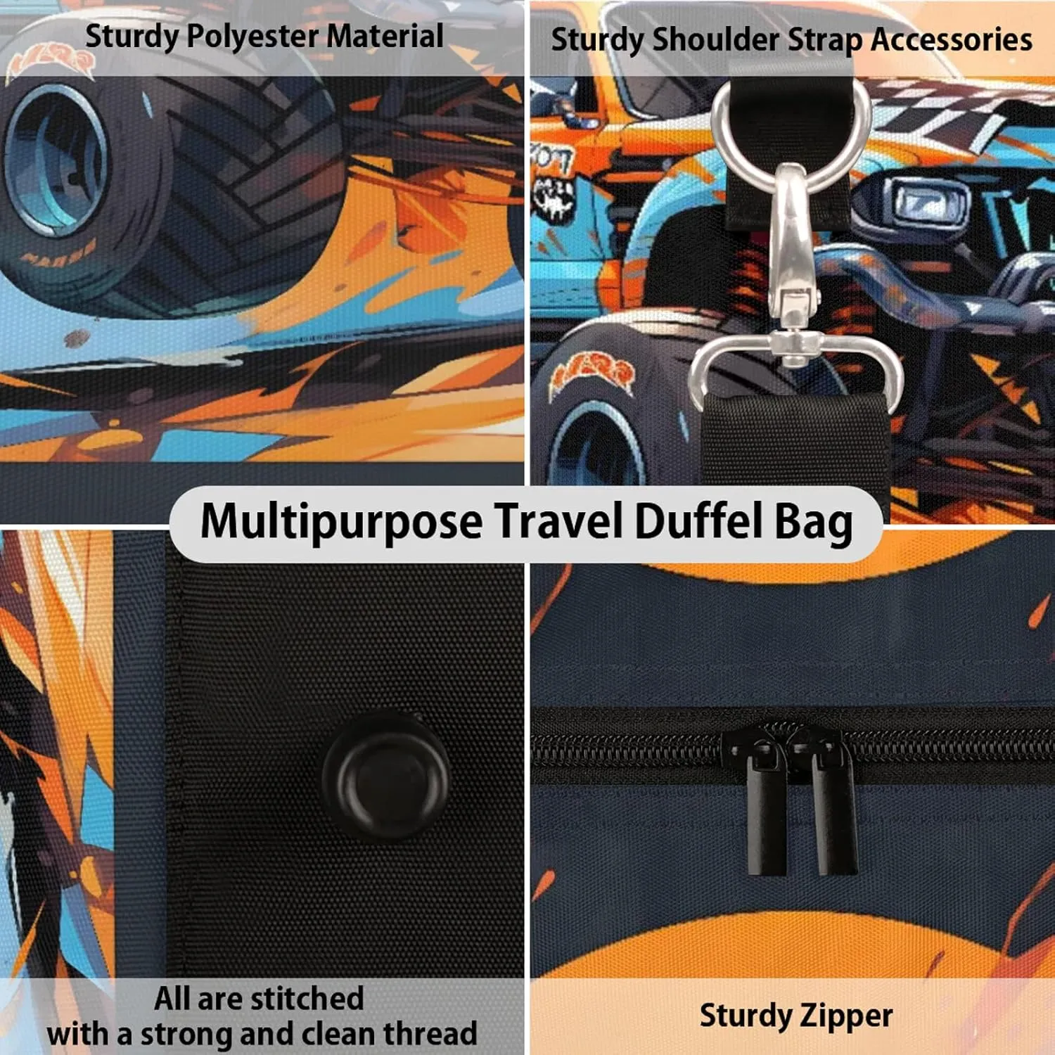 Monster Truck Travel Duffle Bag, Sports Gym Bags for Women Men, Carry On Weekender Overnight Workout Airplane Trips Bag