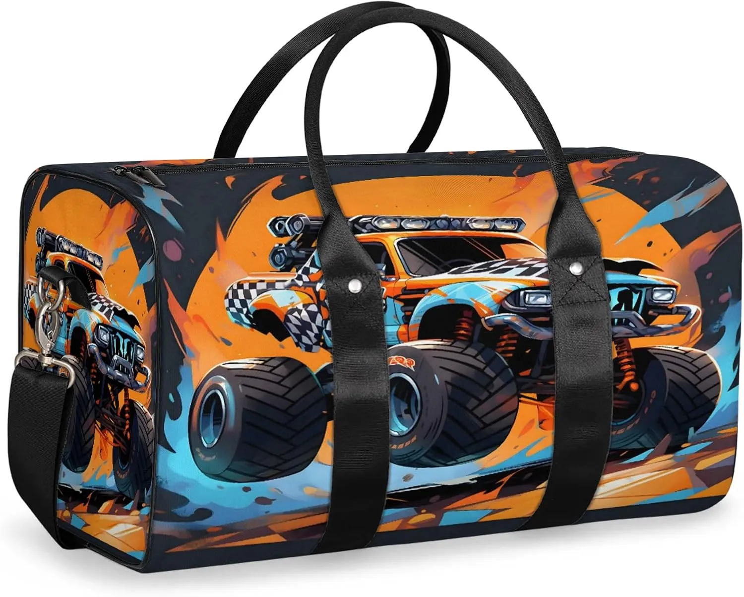 Monster Truck Travel Duffle Bag, Sports Gym Bags for Women Men, Carry On Weekender Overnight Workout Airplane Trips Bag