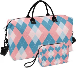 Peach and Purple Checkerboard Duffel Bags Weekend Bag Workout Bag with Toiletry Bag for Trip Waterproof