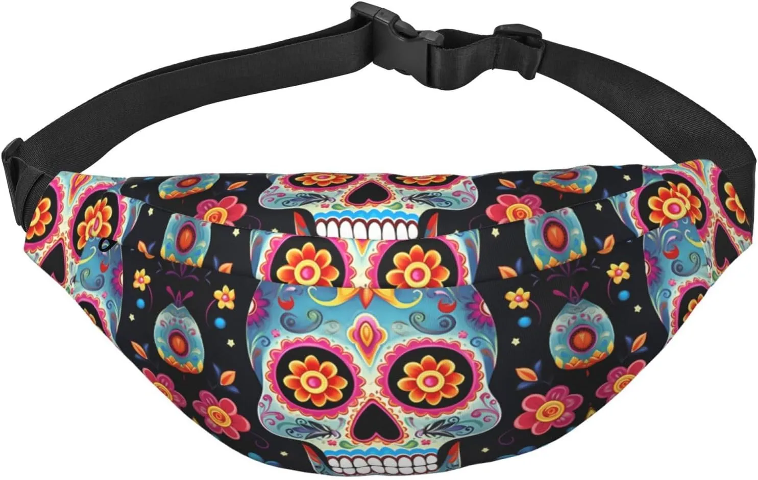 Sugar Skulls Fanny Pack Adjustable Crossbody Bag Large Waist Bag Travel Belt Bag Unisex Bum Bag, Black, One Size, Casual Daypack