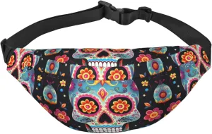 Sugar Skulls Fanny Pack Adjustable Crossbody Bag Large Waist Bag Travel Belt Bag Unisex Bum Bag, Black, One Size, Casual Daypack