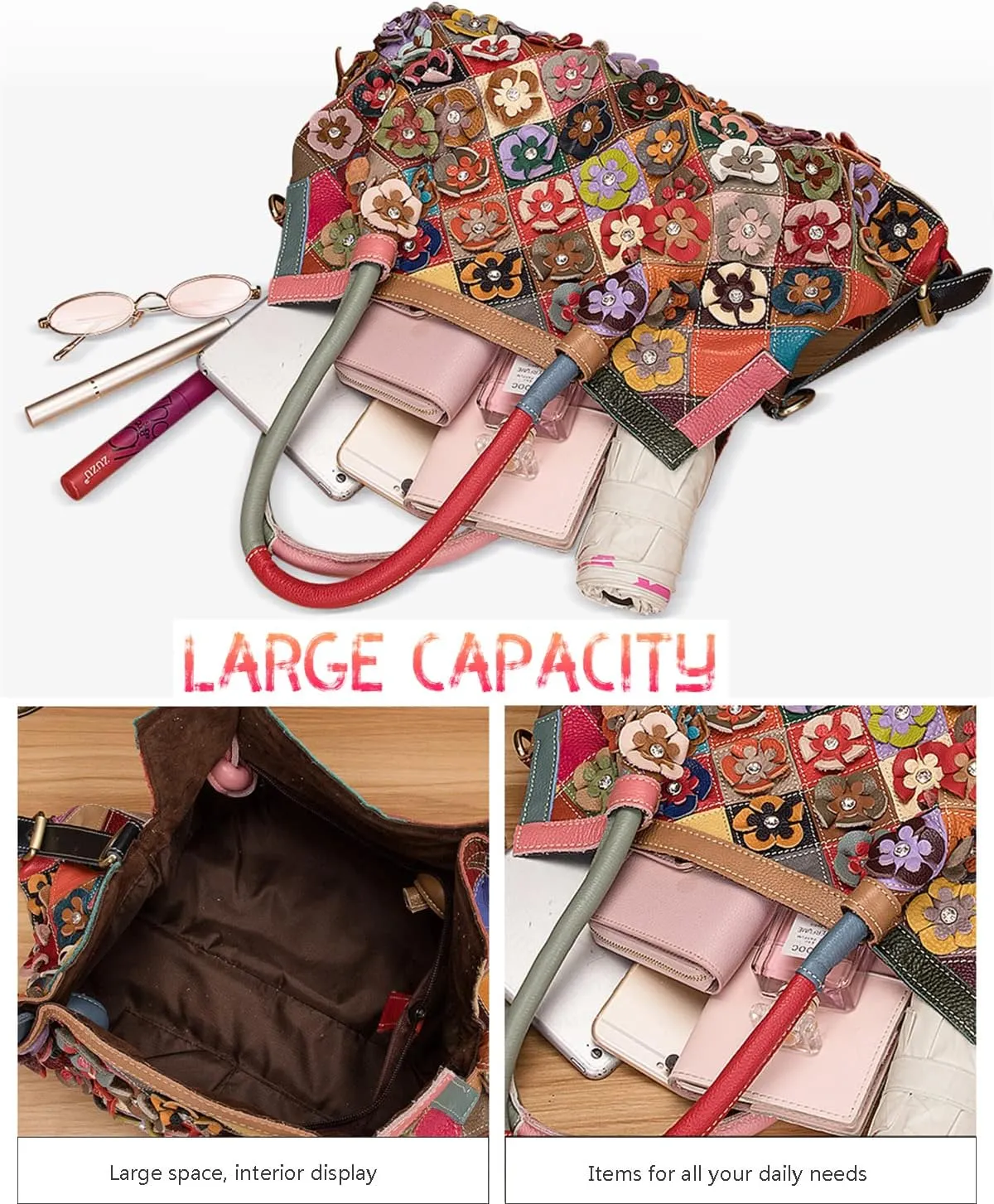 Womens Multicolor Boston Bag Genuine Leather Colorful Large Tote Handbag Purse