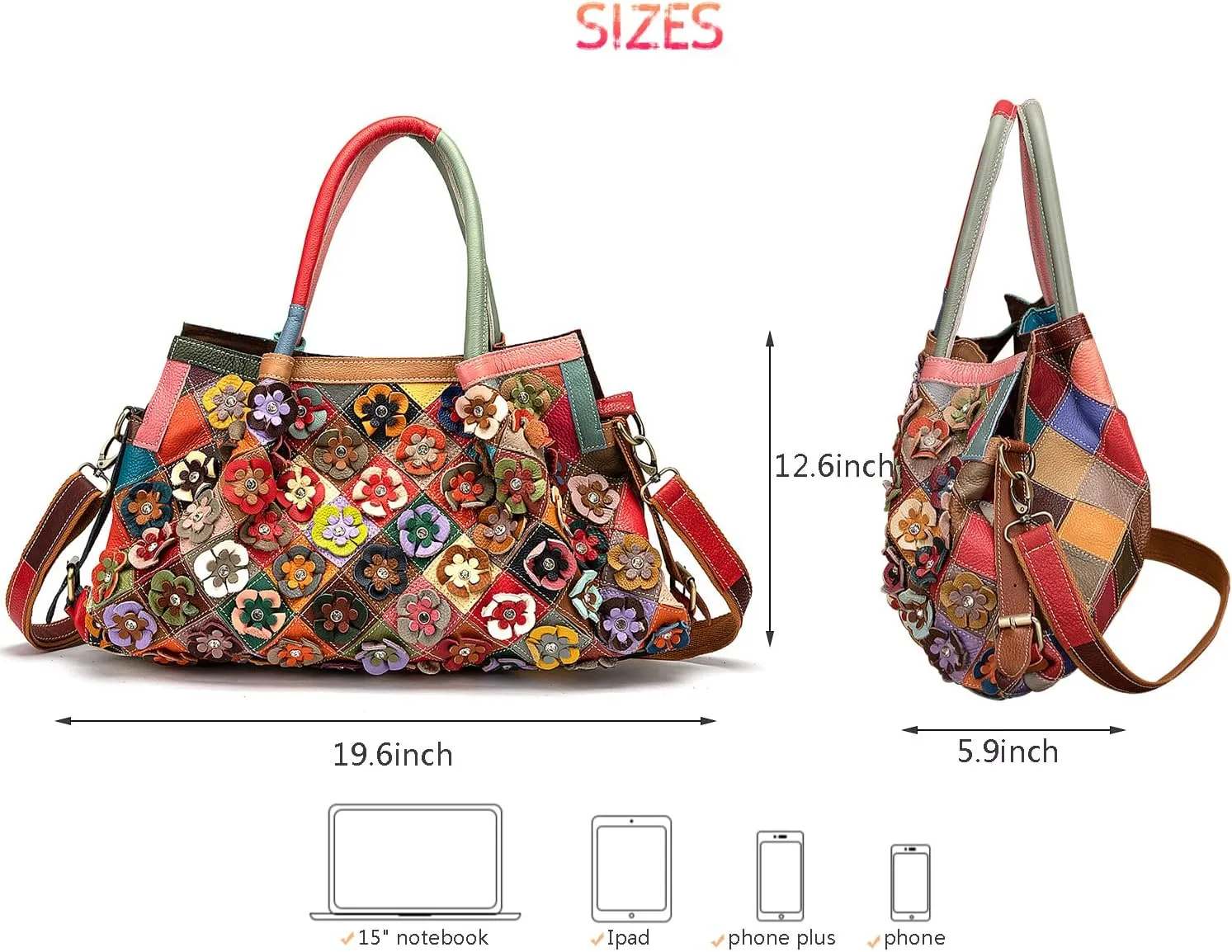 Womens Multicolor Boston Bag Genuine Leather Colorful Large Tote Handbag Purse