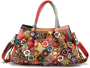 Womens Multicolor Boston Bag Genuine Leather Colorful Large Tote Handbag Purse
