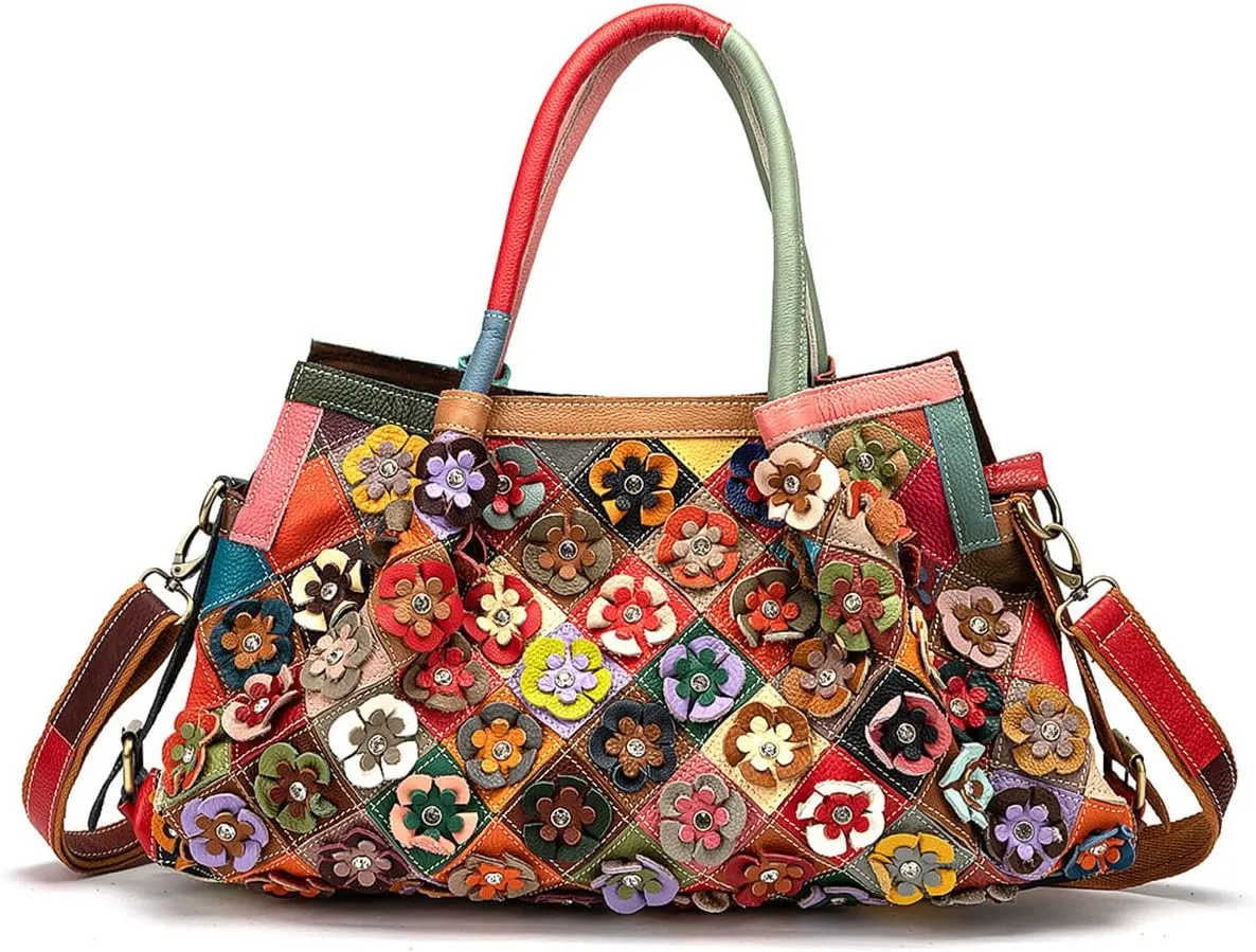 Womens Multicolor Boston Bag Genuine Leather Colorful Large Tote Handbag Purse